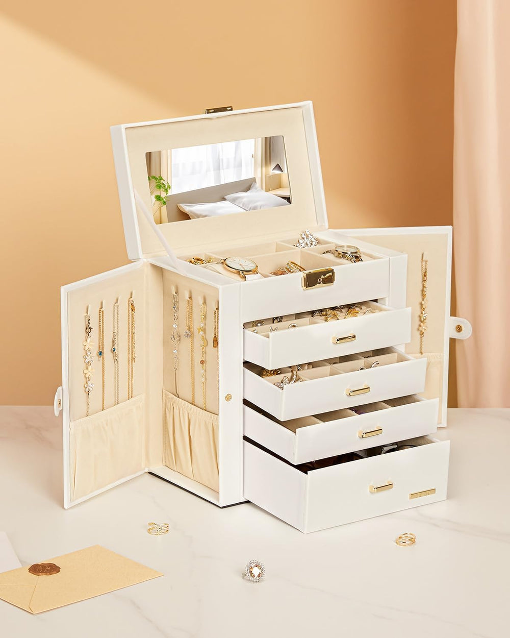 Homde Synthetic Leather Huge Jewelry Box Mirrored Watch Organizer Necklace Ri...