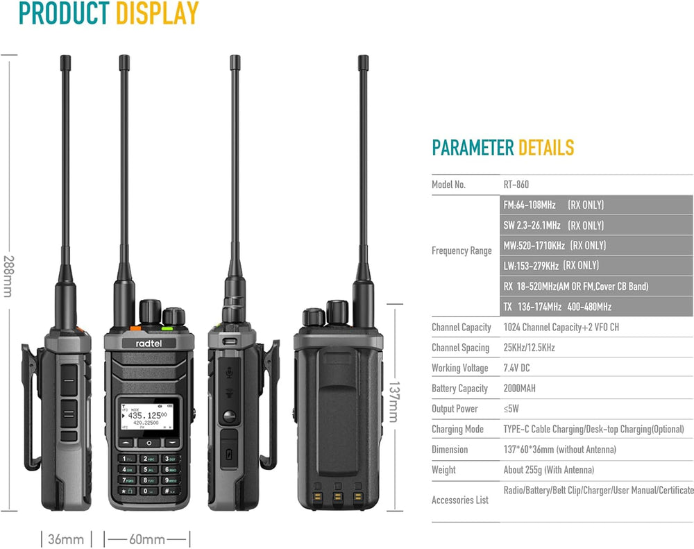 Radtel RT-860 Multi Band Ham Radio HF UHF VHF Dual Band with AM USB LSB CW CB...
