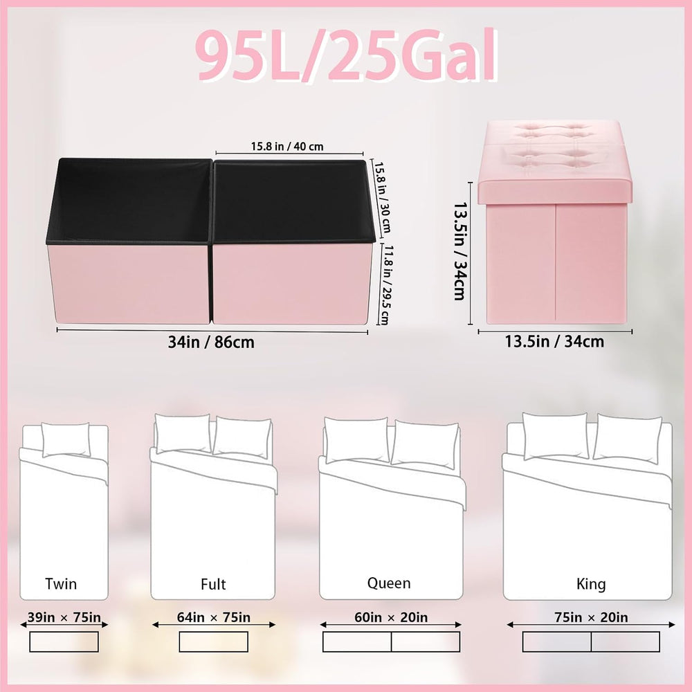 Storage Ottoman Bench, 34" Teddy Velvet Folding Foot Rest, Pink | Large ...