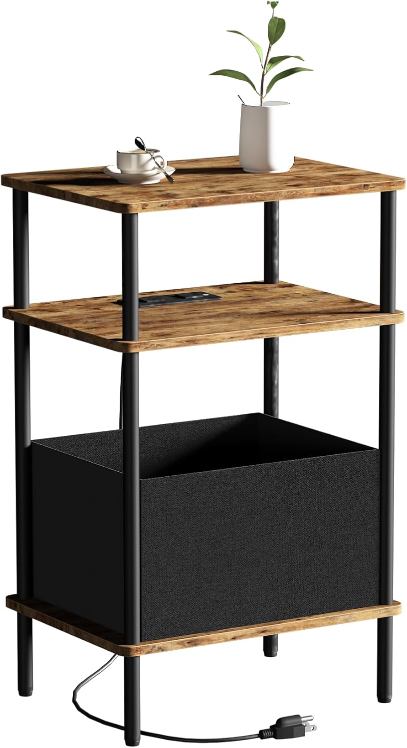 End Table with Charging Station & Outlet, Small Narrow Side Table for Bed...