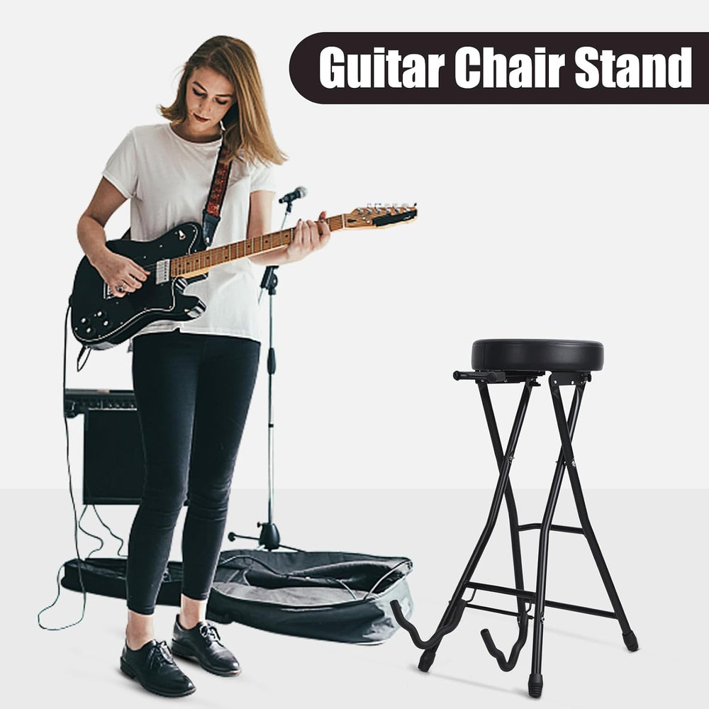 Guitar Stool, Foldable Padded Seat with Built-in Stand & Footrest, Retrac...