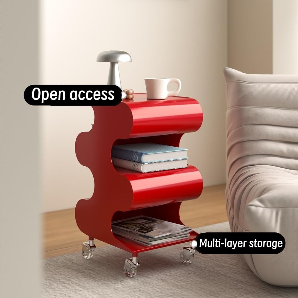 Modern ABS Side Table with Wheels, Movable Coffee Table with Storage, Multi-L...