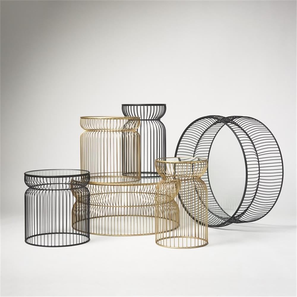 Pemberly Row Set of 2 Round Metal Accent Tables, Gold Cage-Like Base, Tempere...