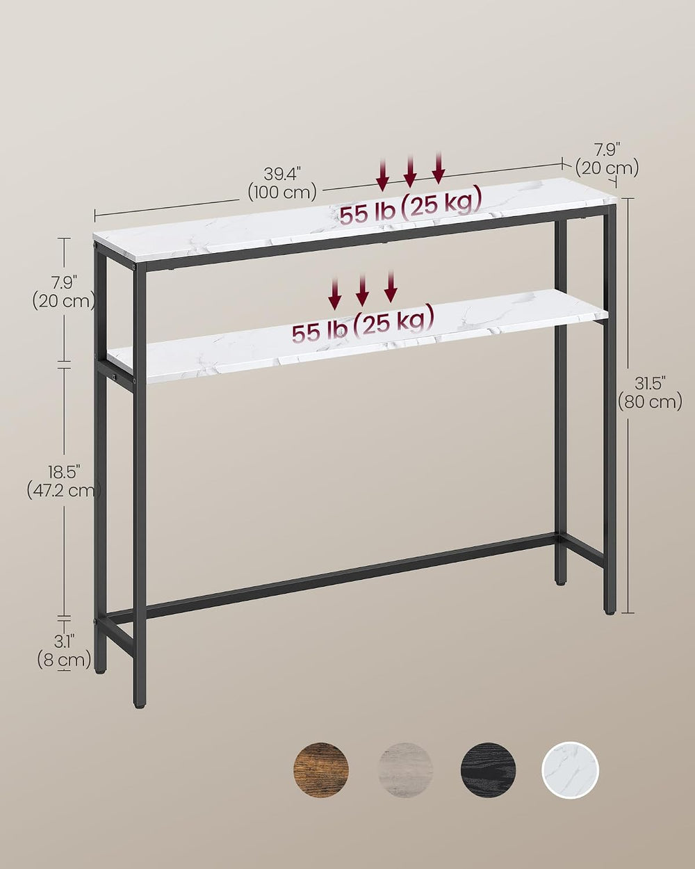 VASAGLE Console Table, 2-Tier Narrow Sofa Table with 2 Shelves, 7.9 x 39.4 x ...
