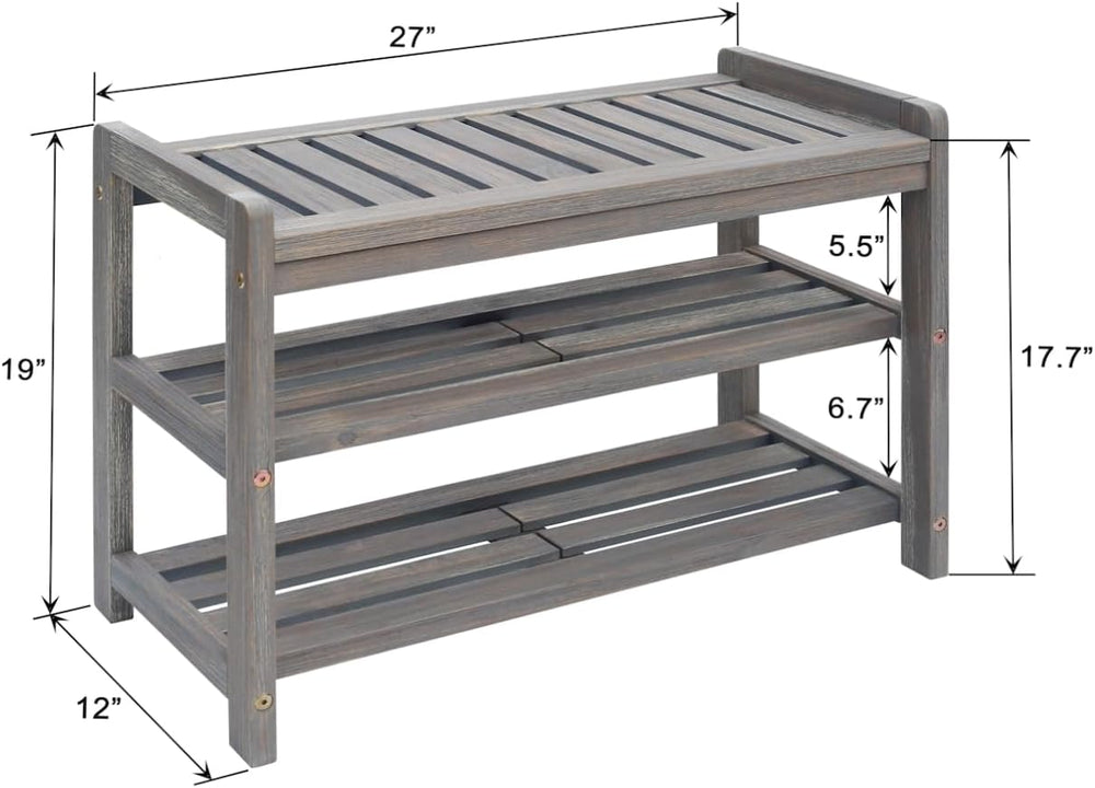 27-Inch Wooden Shoe Bench for Entryway, 3-Tier Storage Organizer, Rustic Shoe...