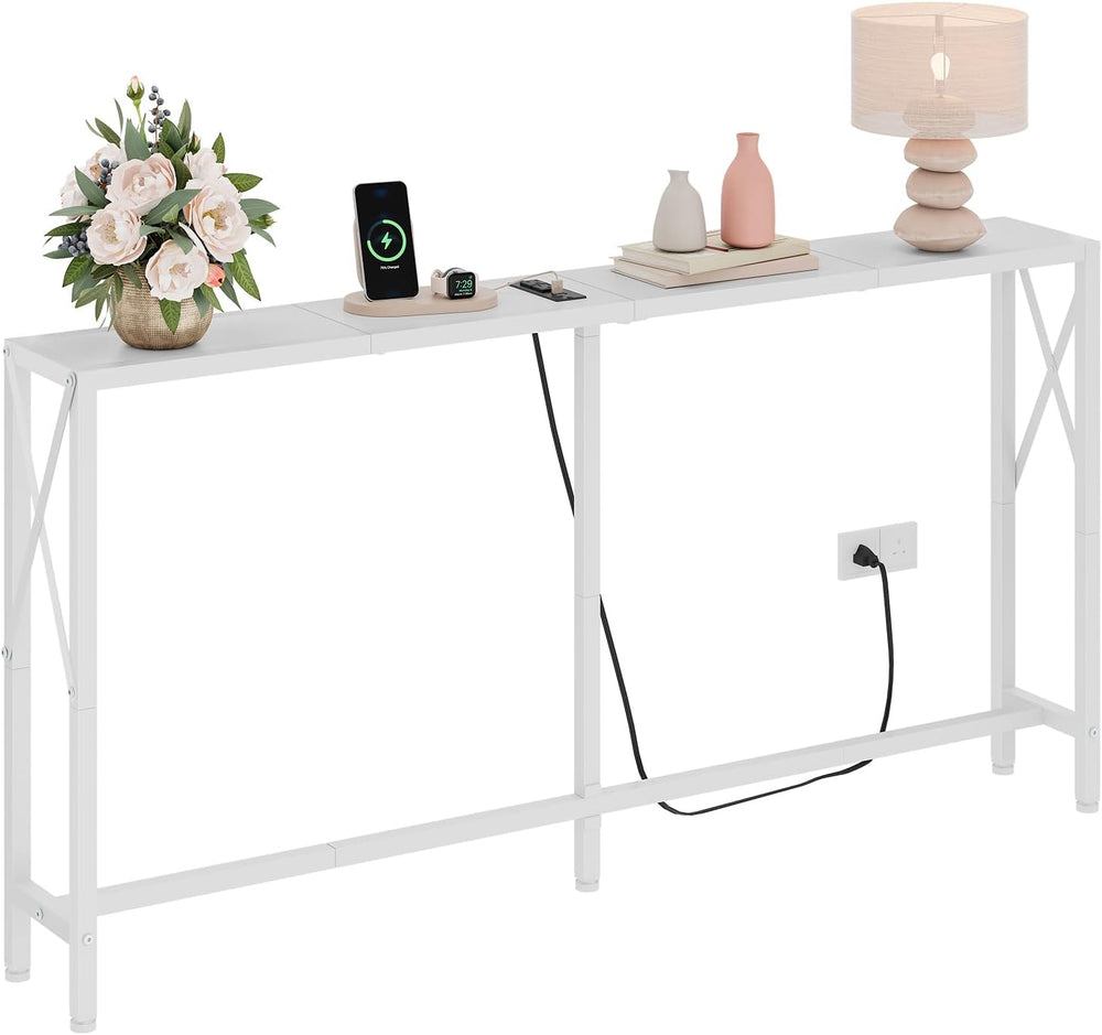 Gewudraw Narrow Console Table with Socket, Sofa Table Behind Couch, White | 5...