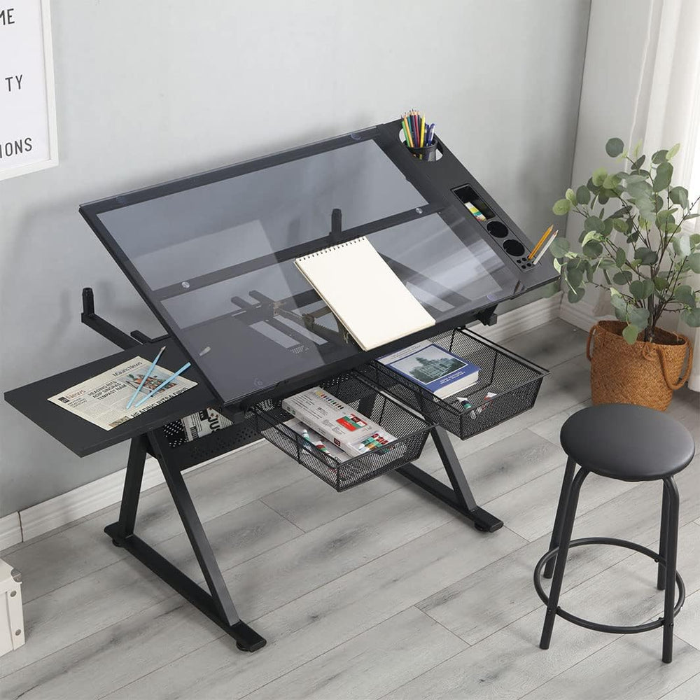 Glass Drafting Table Art Desk, Height Adjustable Multifunctional Modern Artis...