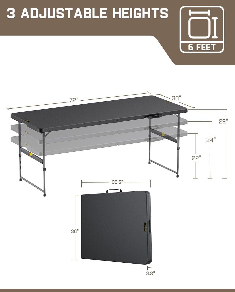 FanttikOutdoor Folding Table 6ft Quick Adjust 3 Heights Picnic Party Dining |...