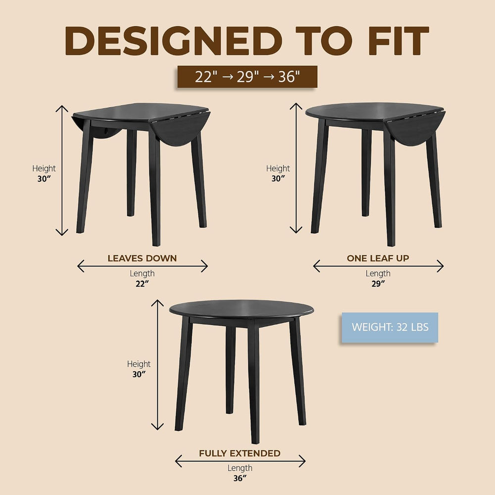 ROME + OAK Hinged Drop Leaf Dining Table, 22-36 Inch Round Tabletop with Stur...