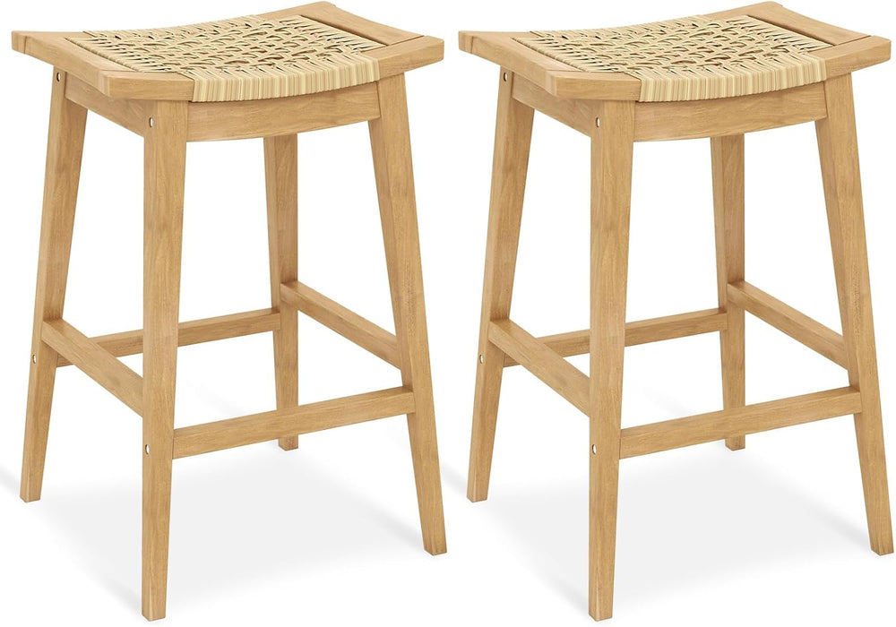 Tangkula Wood Bar Stool Set of 2, 29” Patio Rattan Acacia Barstool with Footr...