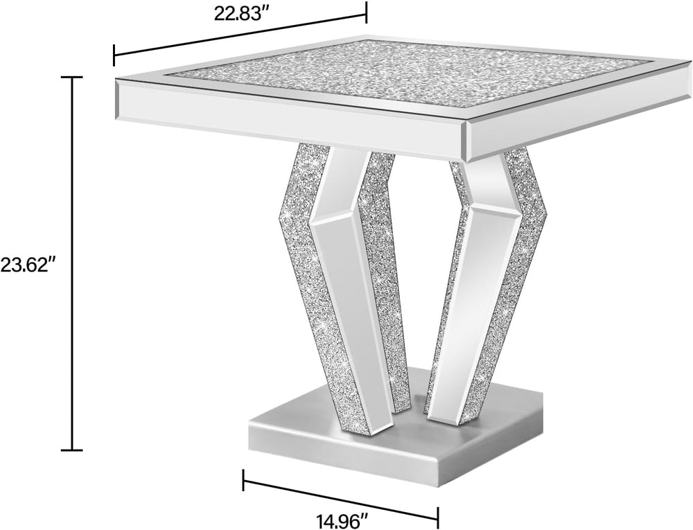 Silver Mirrored End Table with Crystal Inlay, Modern Side Table Accent Table,...