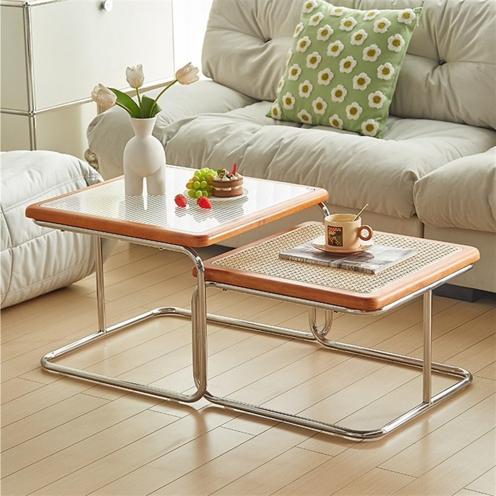 Nesting Coffee Table, Square End Table Set of 2, Small Coffee Table with Ratt...