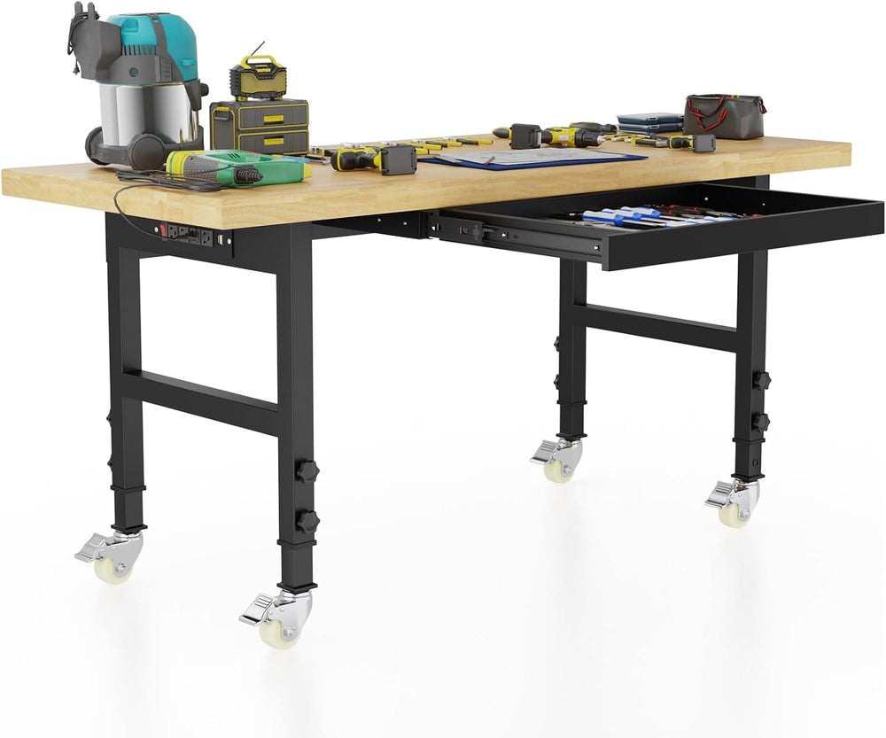 60'' Adjustable Workbench, Solid Wood Work Bench Table with Wheels an...