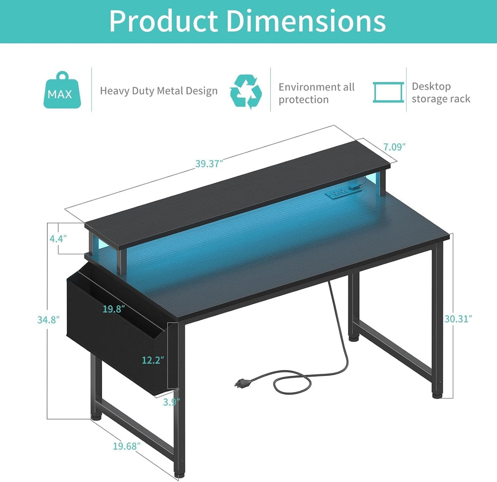 Lufeiya Black Gaming Desk with LED Lights and Power Outlets, 40 Inch Teen Wri...