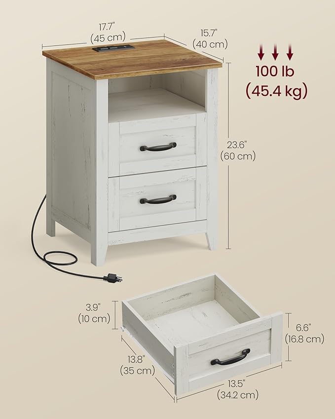 VASAGLE LIRY Collection - Farmhouse Nightstand with Charging Station, Bedside...