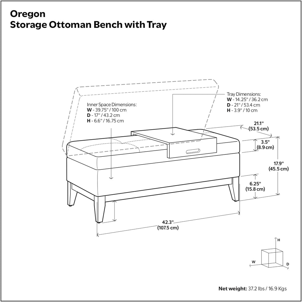 SIMPLIHOME Oregon 42" Wide Linen Look Fabric Storage Ottoman in Cloud Grey