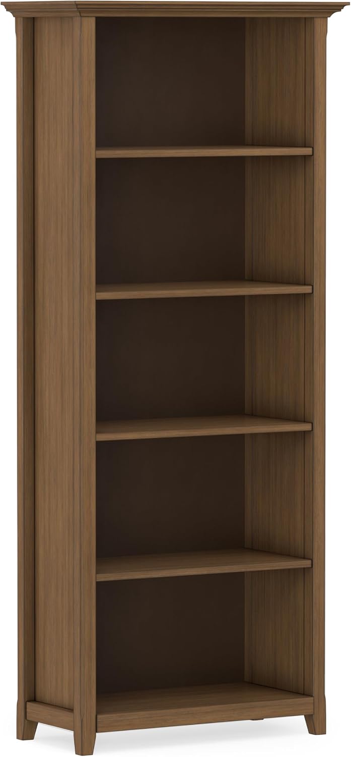 SIMPLIHOME Amherst 70" Tall Solid Wood 5-Shelf Bookcase in Brown