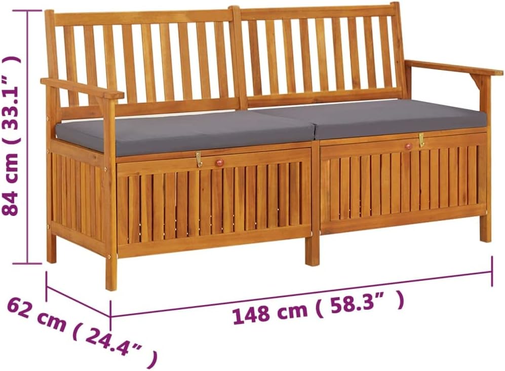 Outdoor Storage Bench with Cushion 58.3 inch Solid Acacia Wood Patio Entryway...