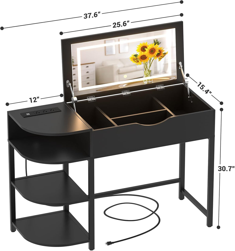 Cyclysio Vanity Desk with Flip Top Mirror and Lights, Black | Makeup Vanity D...