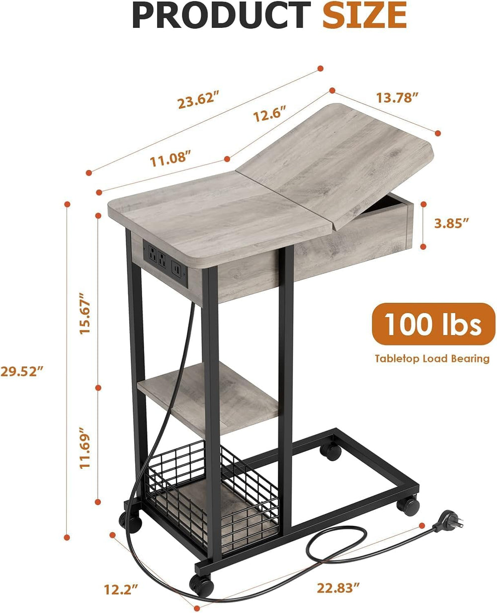 TrailBlaze C-Shaped Side Table with Charging Station, Flip Top End Table with...