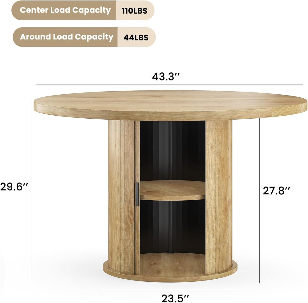 43.3'' Round Dining Table with Hidden Storage Space, Wooden Circle Ki...