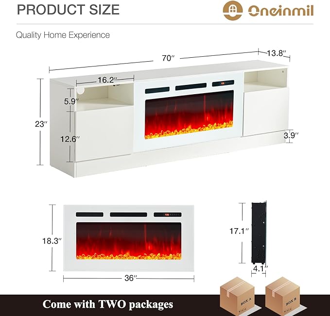 oneinmil 70” TV Stand with 36” Electric Fireplace, Large Modern Media Enterta...