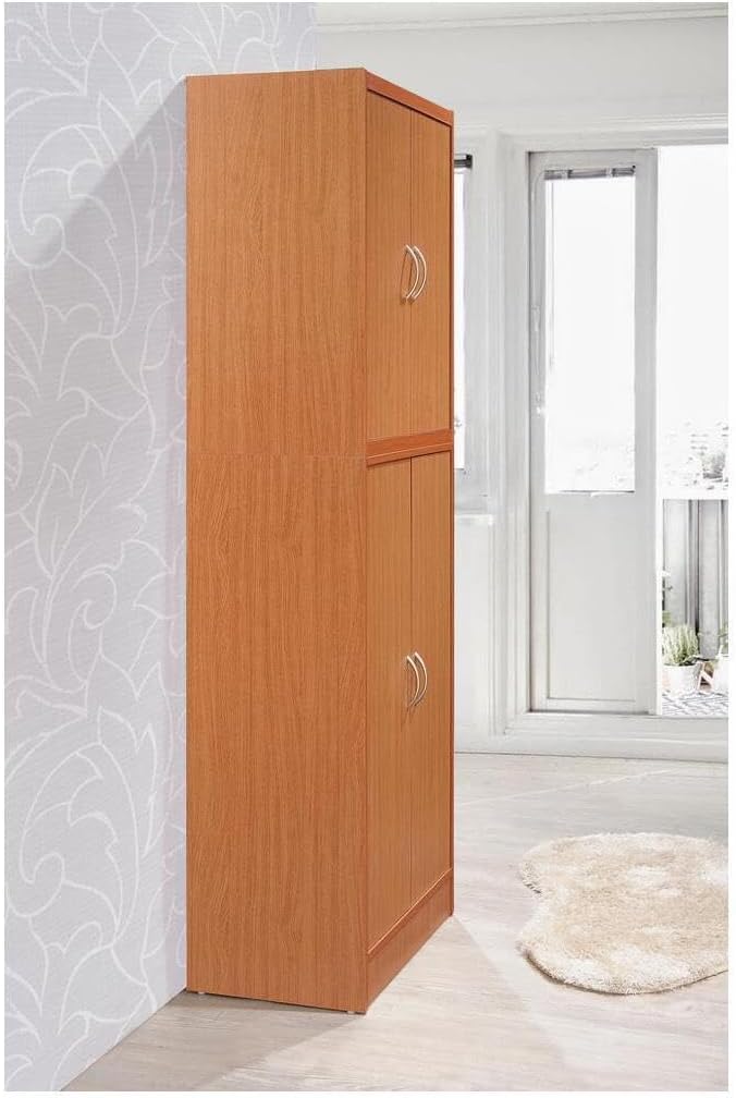 HomeStock 4 Door Kitchen Pantry - Large Storage Cabinet - Cherry Finish