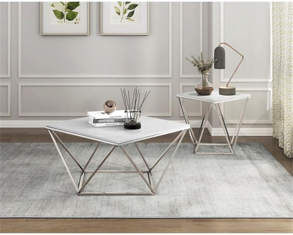 Pemberly Row Contemporary End Table, Stainless Steel Frame, Silver Finish, Wh...