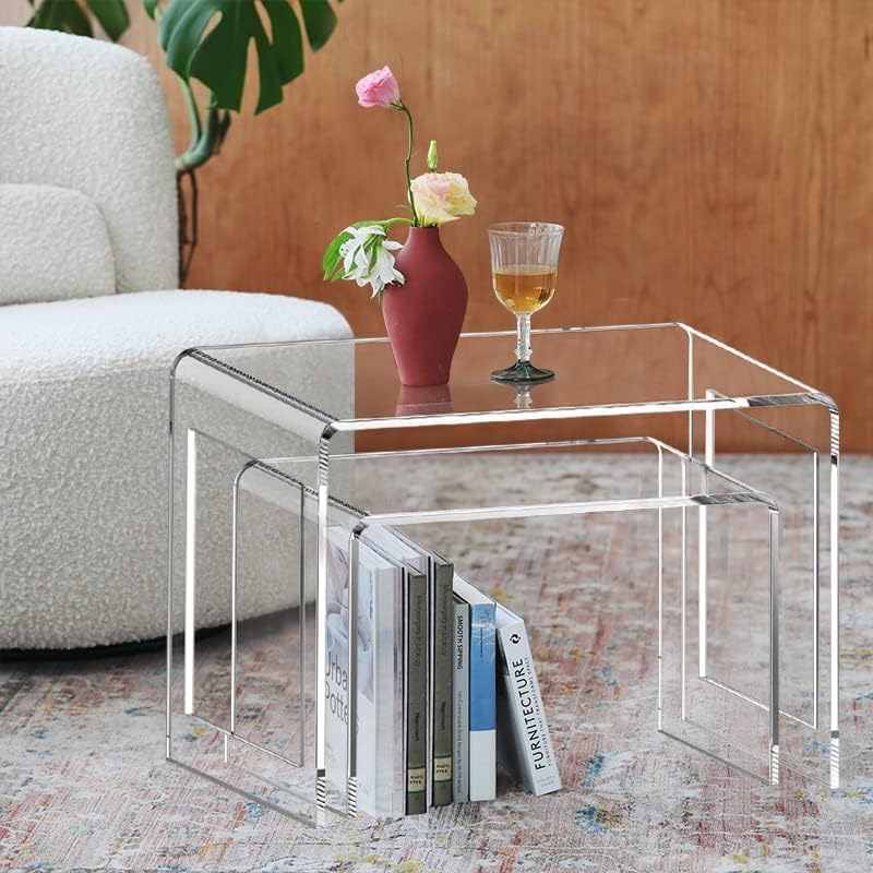 ONELUX Acrylic Coffee Table Set of 2,Nesting Side End Tables, Modern Tables f...