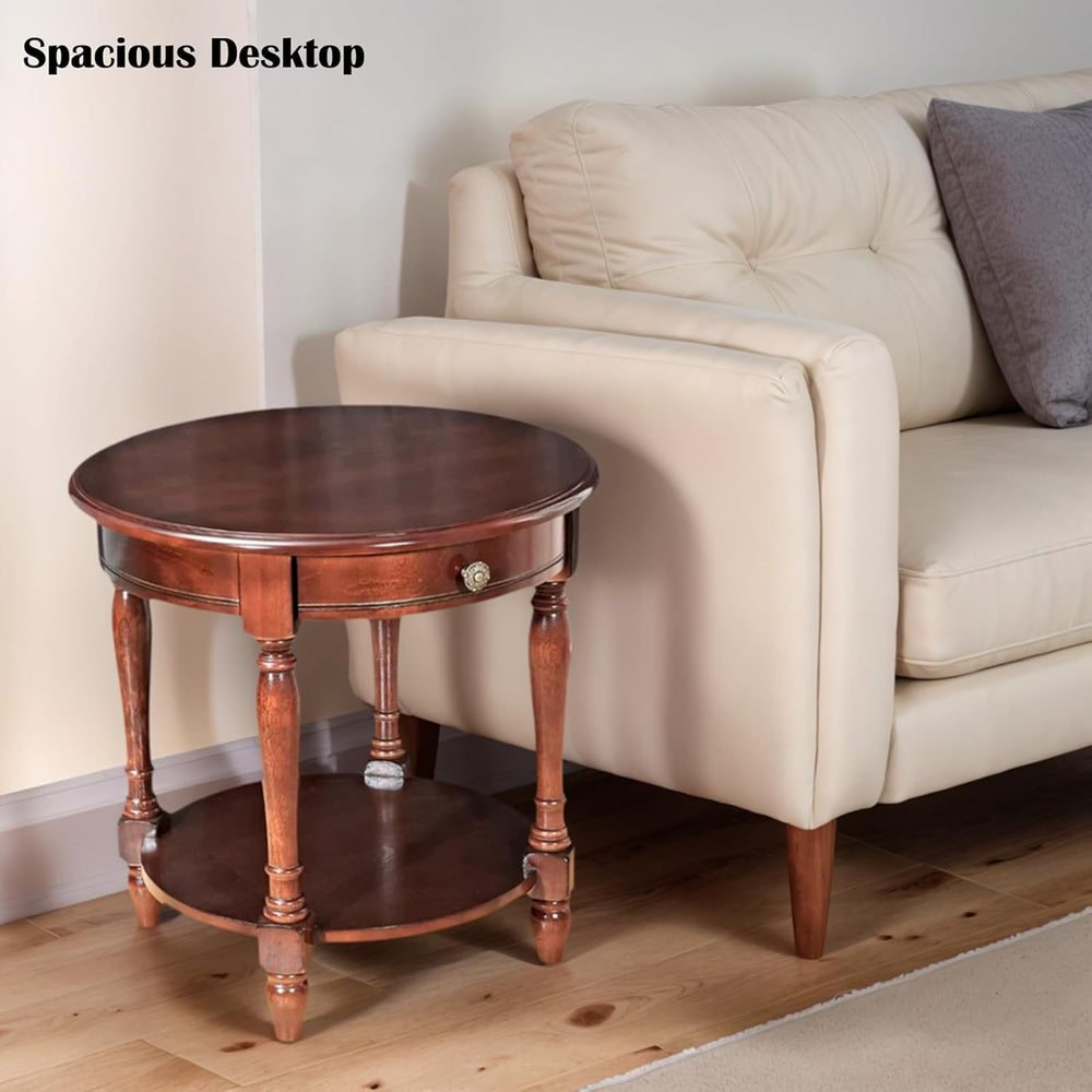 YUNMUARY-Solid Wood End Table Round Side Table with Drawers Vintage Nightstan...