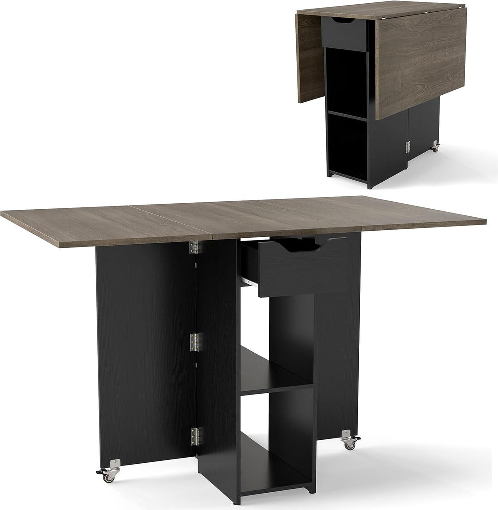 GOFLAME Drop Leaf Dining Table for 2-4, Folding Kitchen Table with Open Shelv...
