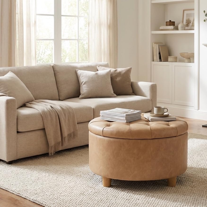 HomePop Home Decor | Button Round Storage Ottoman | Ottoman with Storage for ...