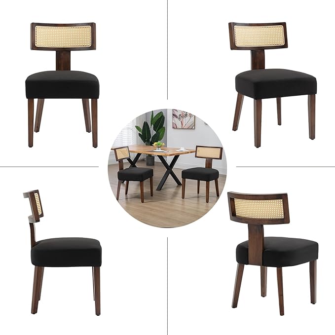 Upholstered Rattan Dining Chairs Set of 2, Mid-Century Modern Fabric Dining R...