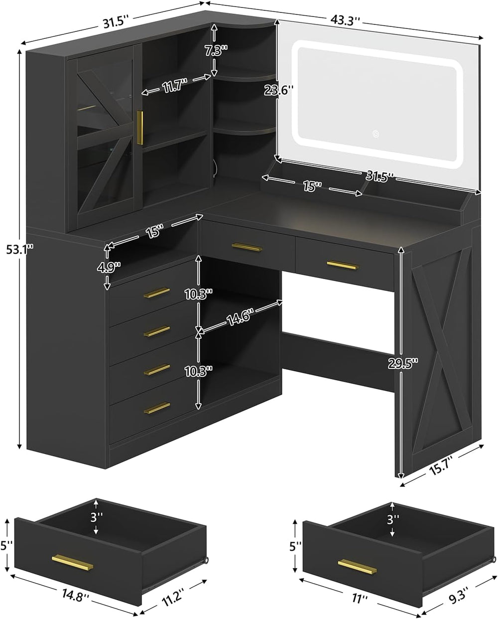 Black L-Shaped Corner Vanity with LED Lighted Mirror & Open Storage Shelv...