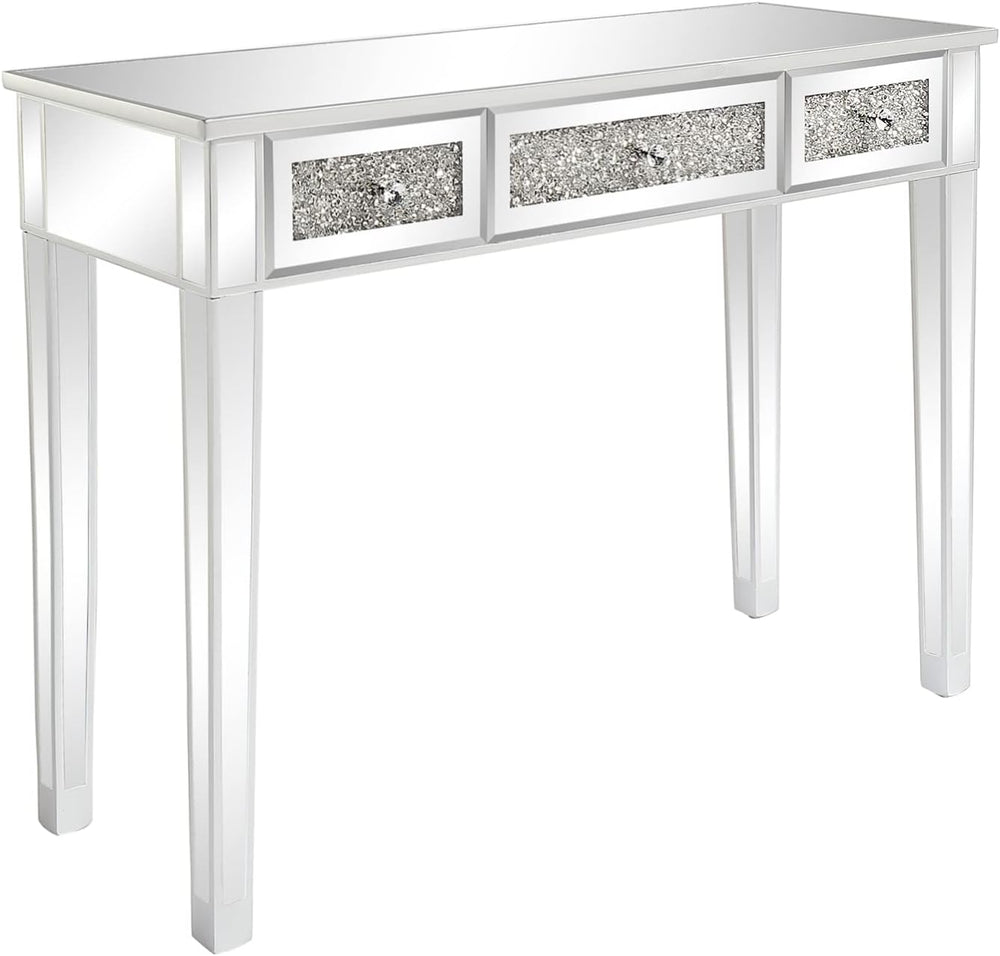 VINGLI Silver Mirrored Vanity Desk, Makeup Vanity Desk, Glass Desk with 3 Dra...
