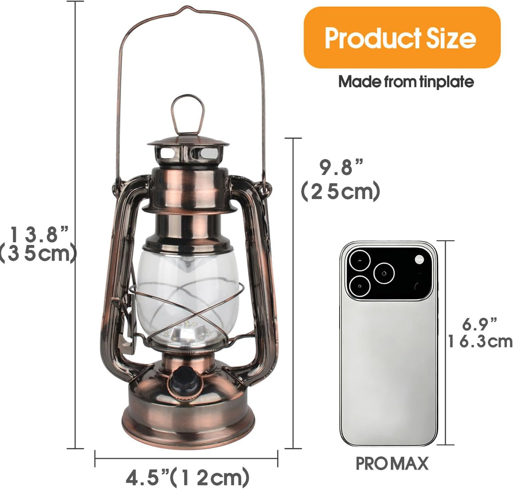 Vintage LED Hurricane Lantern, Warm White Battery Operated, Antique Metal Han...
