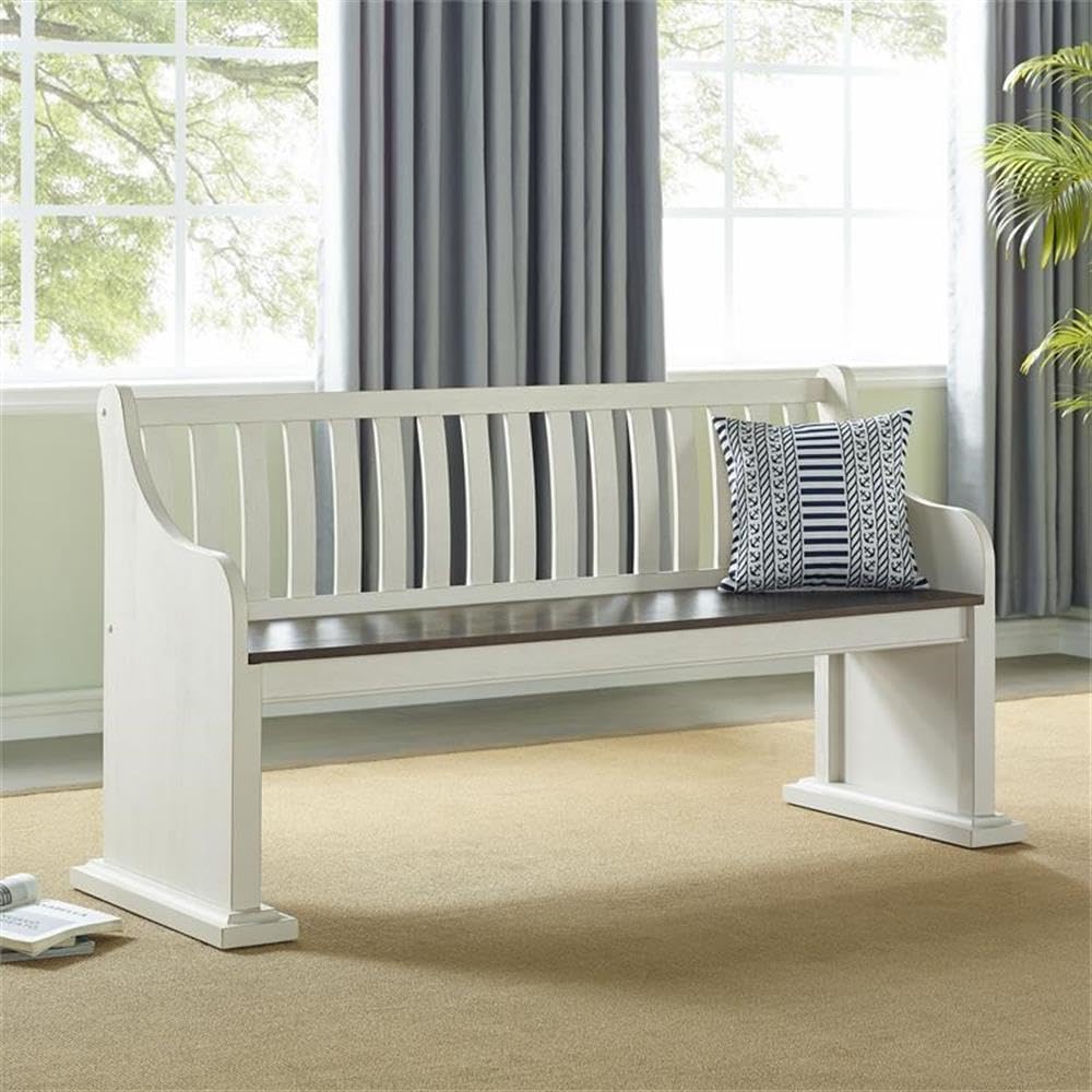 Steve Silver Joanna Two-Tone Ivory and Dark Oak Farmhouse Dining Bench with Back