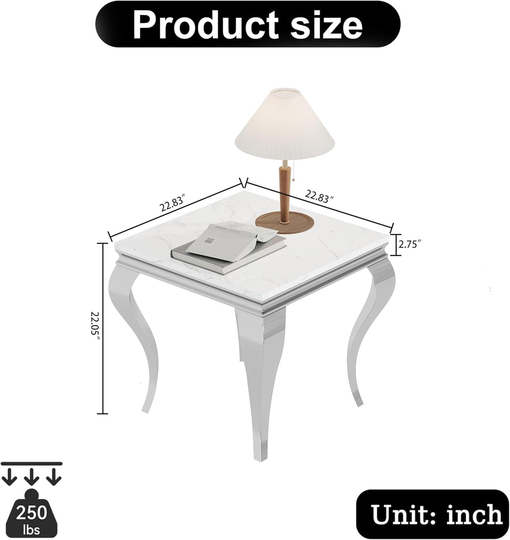 Marble End Table, Modern White Faux Marble Sofa Side Table with Silver Stainl...