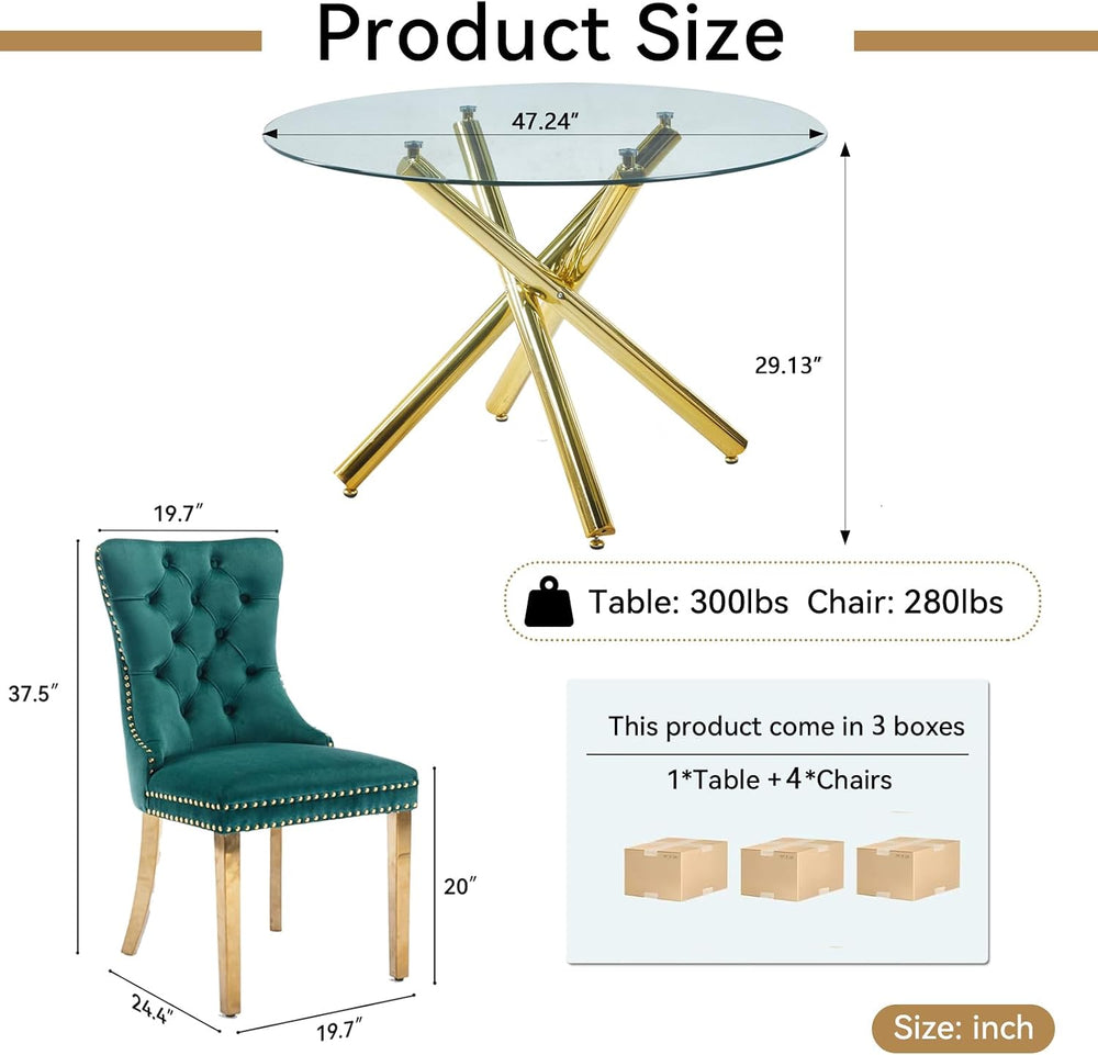 Round Glass Dining Table Set for 4, Small Kitchen Table Set for 4, 47" C...