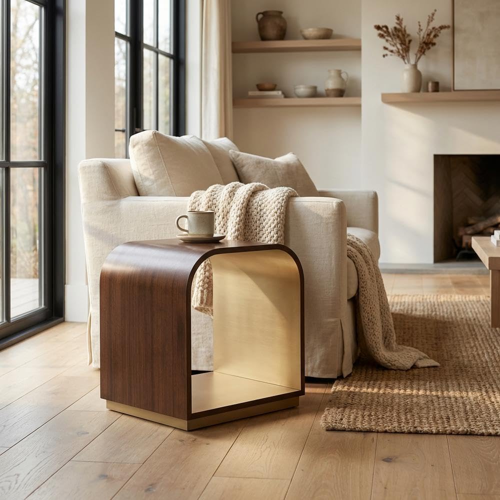 Michael Amini Houston Brown Walnut End Table Solid and Manufactured Wood Birc...