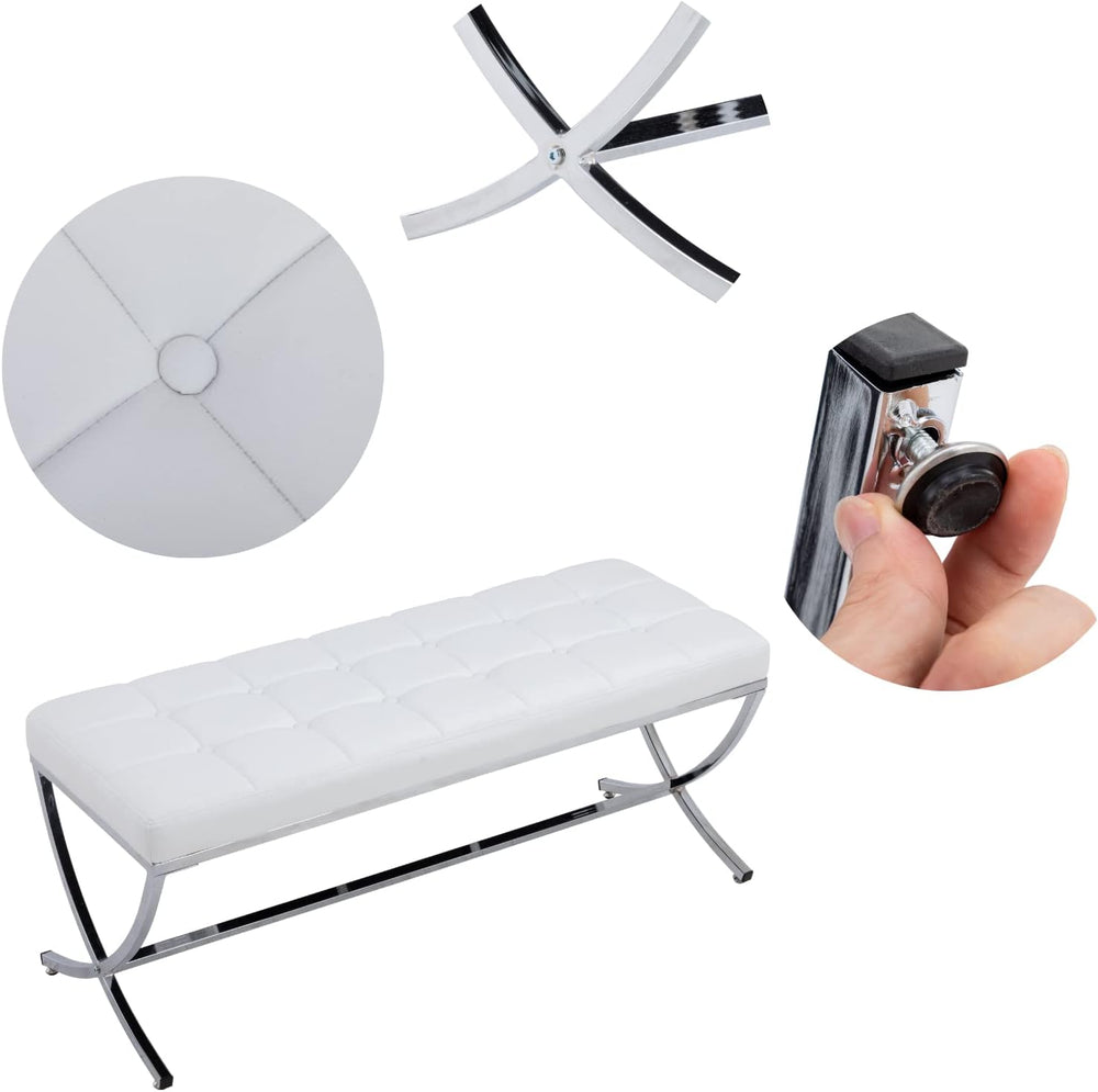 LukeAlon Modern PU Leather Dining Bench, White | Button Tufted Ottoman Bench,...