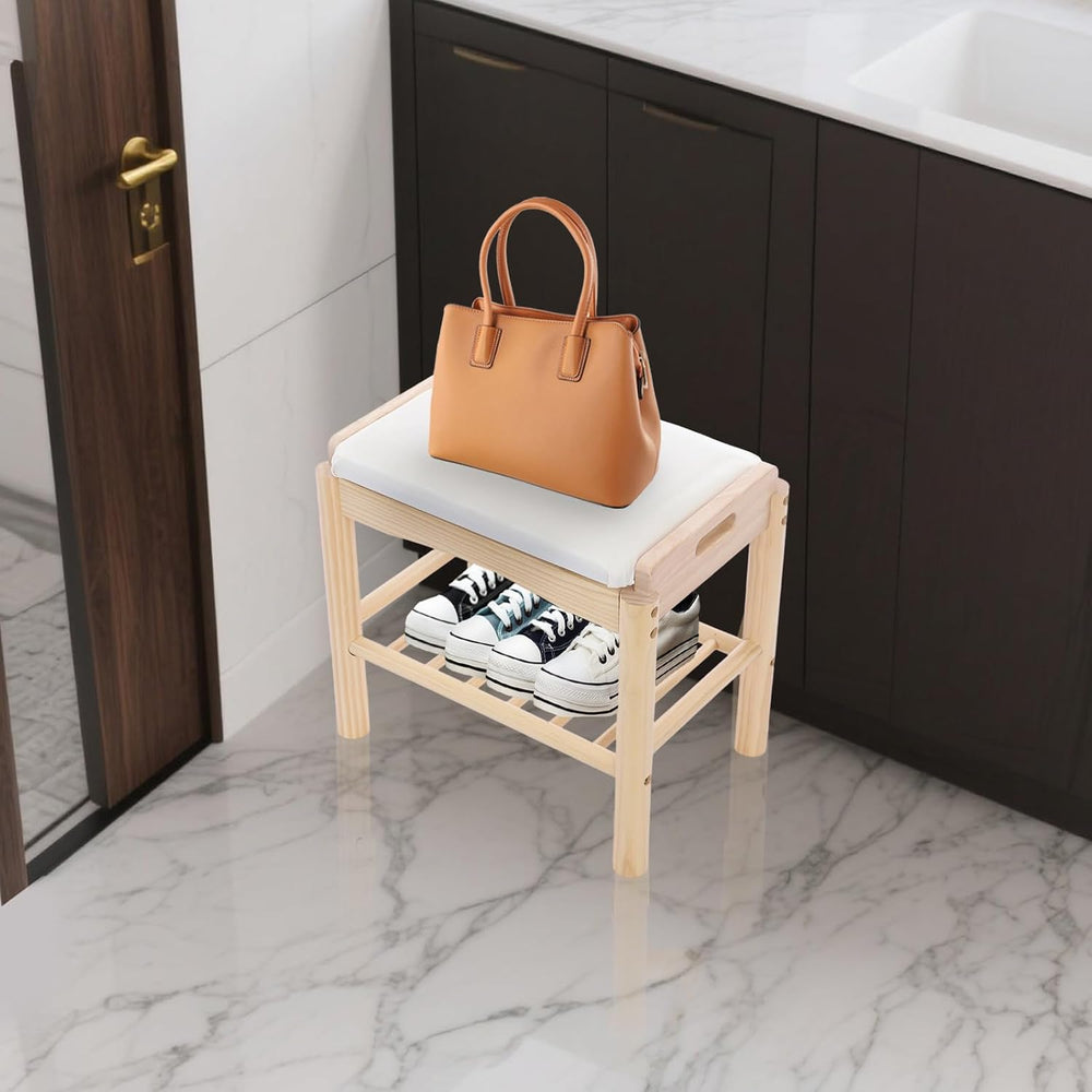 Shoe Bench with Cushion, 2-Tier Bamboo Shoe Rack Bench, Entryway Shoe Storage...