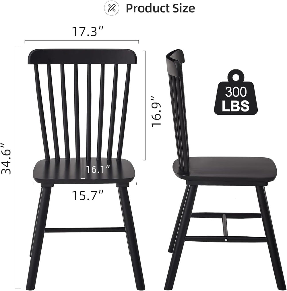Black Windsor Dining Chairs Set of 6, Solid Wooden Dining Chairs, Spindle Bac...
