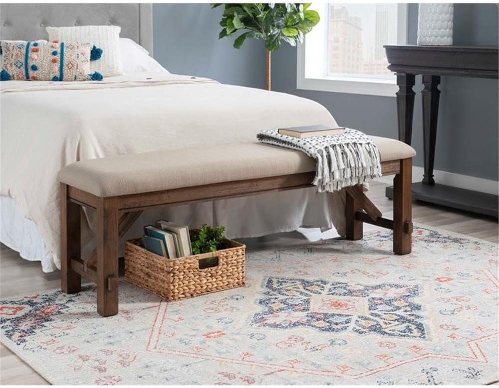 Pemberly Row 60" Wood/Fabric Bench, Rustic Umber Brown Finish, Tan Uphol...