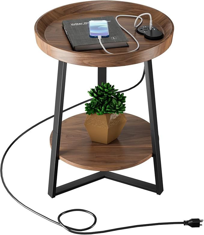 Gadroad Round End Table with Charging Station, USB Ports, Wood Tabletop &...