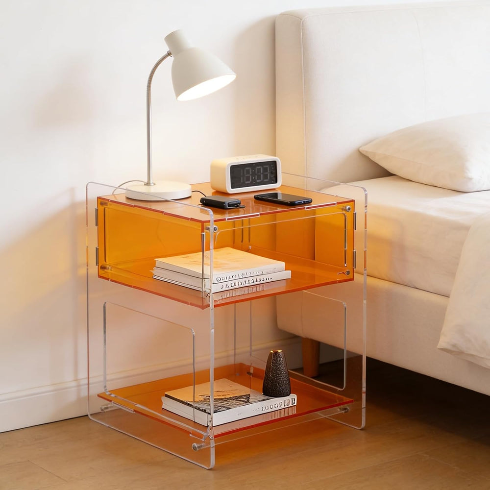 Acrylic Side Table with Open Storage Shelf, Clear Nightstand for Bedroom Livi...
