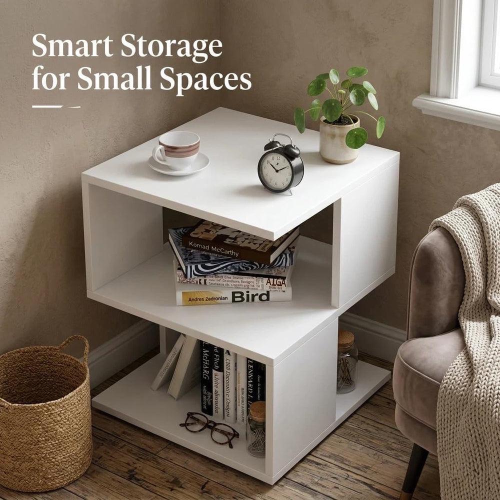 Small White Nightstand with Shelf, Modern Bedside Table, MDF Wood End Table f...