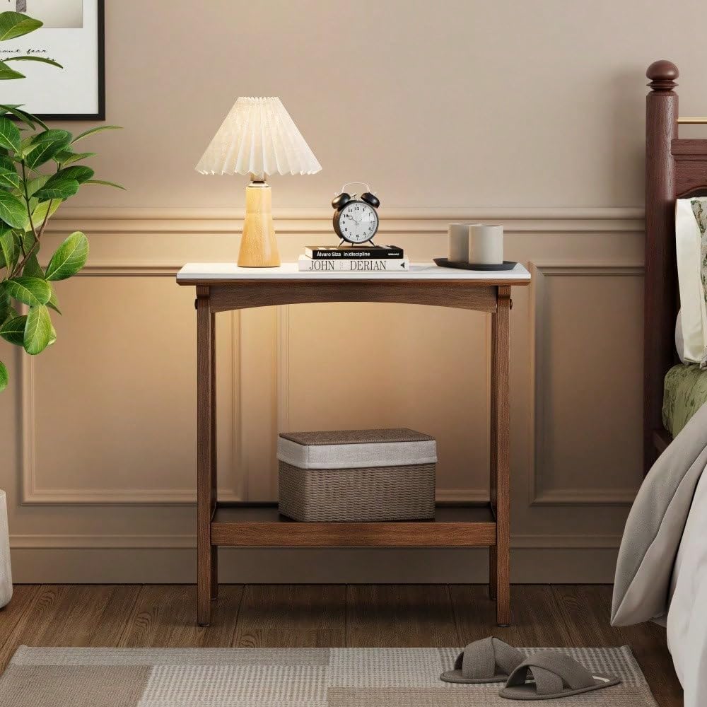 Retro Reddish Brown End Table, Narrow Side Table with Storage Shelf for Small...