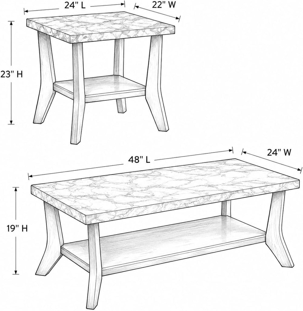 Faux Marble Coffee Table 3-Piece Set Rectangular Coffee Table with Two Matchi...