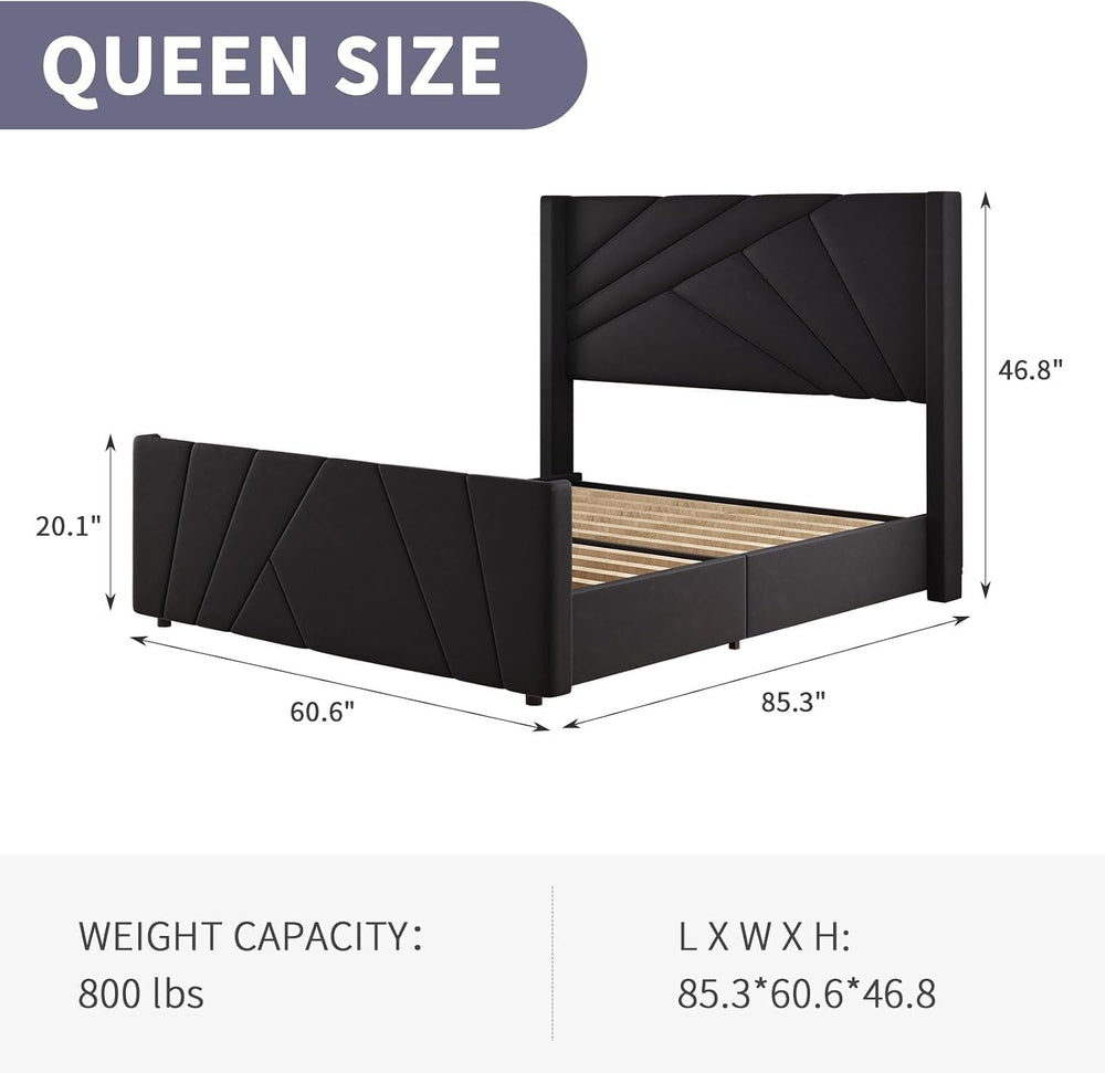 BarnFurin Queen Bed Frame with Geometric Wingback Headboard, Black
